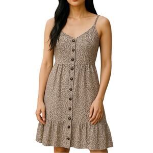 Japna Mini Dress Womens M Tan Leopard Print Button Ruffle Boho Cottagecore